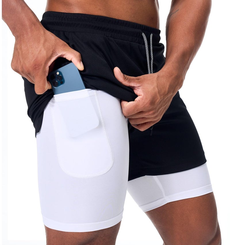 Surenow Men's Athletic Running Shorts Quick Dry Workout Shorts 2 in 1 Shorts 5" Gym Running Shorts for Men with Phone Pocket Black - Image 1